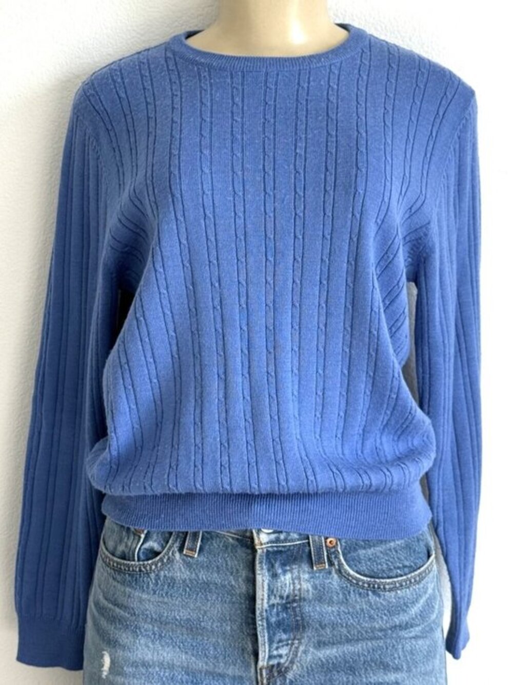 Vintage Jennifer Moore Sweater Blue Cable Knit Wool Blend Crew Neck Long Sleeve